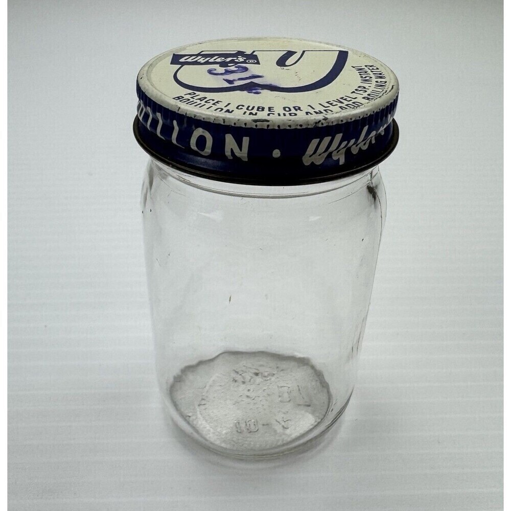 Vintage Wyler’s Chicken Bouillon Glass Jar Milk Glass Lid Advertising
